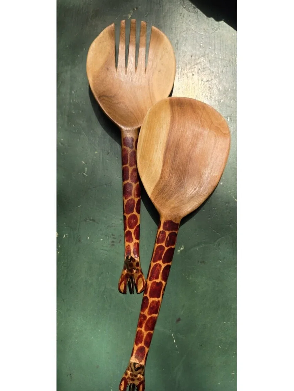 Hand Carved Wood Giraffe Salad Spoon & Fork Utensil Set